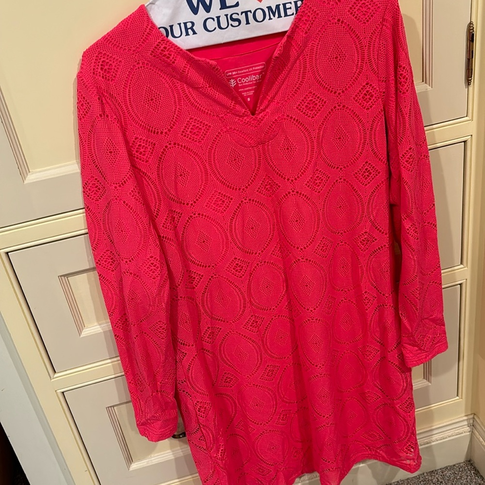 Coolibar Lausanne Tunic Long Sleeve Crochet Dress Coral Salmon UV Protection